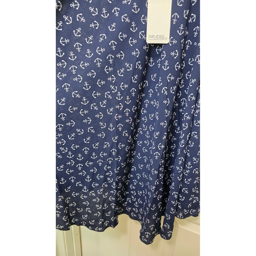 NEW Paradise USA Anchor Print Cover Dress Women's L Navy Blue Nautical Summer‎